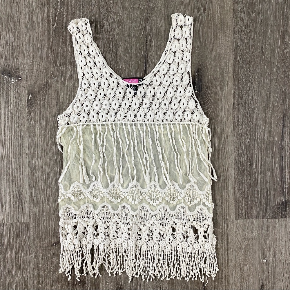 SAY WHAT? Floral Boho Crochet Lace Fringe Sheer Sleeveless Tank Size Large y2k